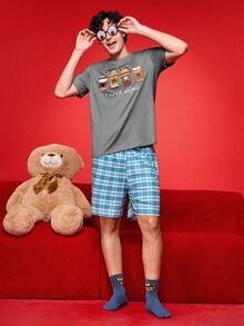 Men's Coffee Print Short Sleeve Top And Plaid Shorts Homewear Set - Grey - View 4
