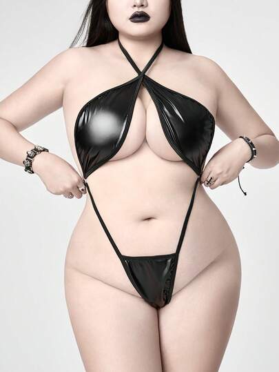 Grunge Punk Body sexy de material de PU de estilo punk oscuro con cuello halter y sin entrepierna para tallas grandes