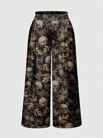 Grunge Punk Plus Size Punk Street Skull & Leaf Print Pants, Autumn/Winter