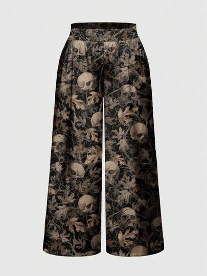 Grunge Punk Plus Size Punk Street Skull & Leaf Print Pants, Autumn/Winter