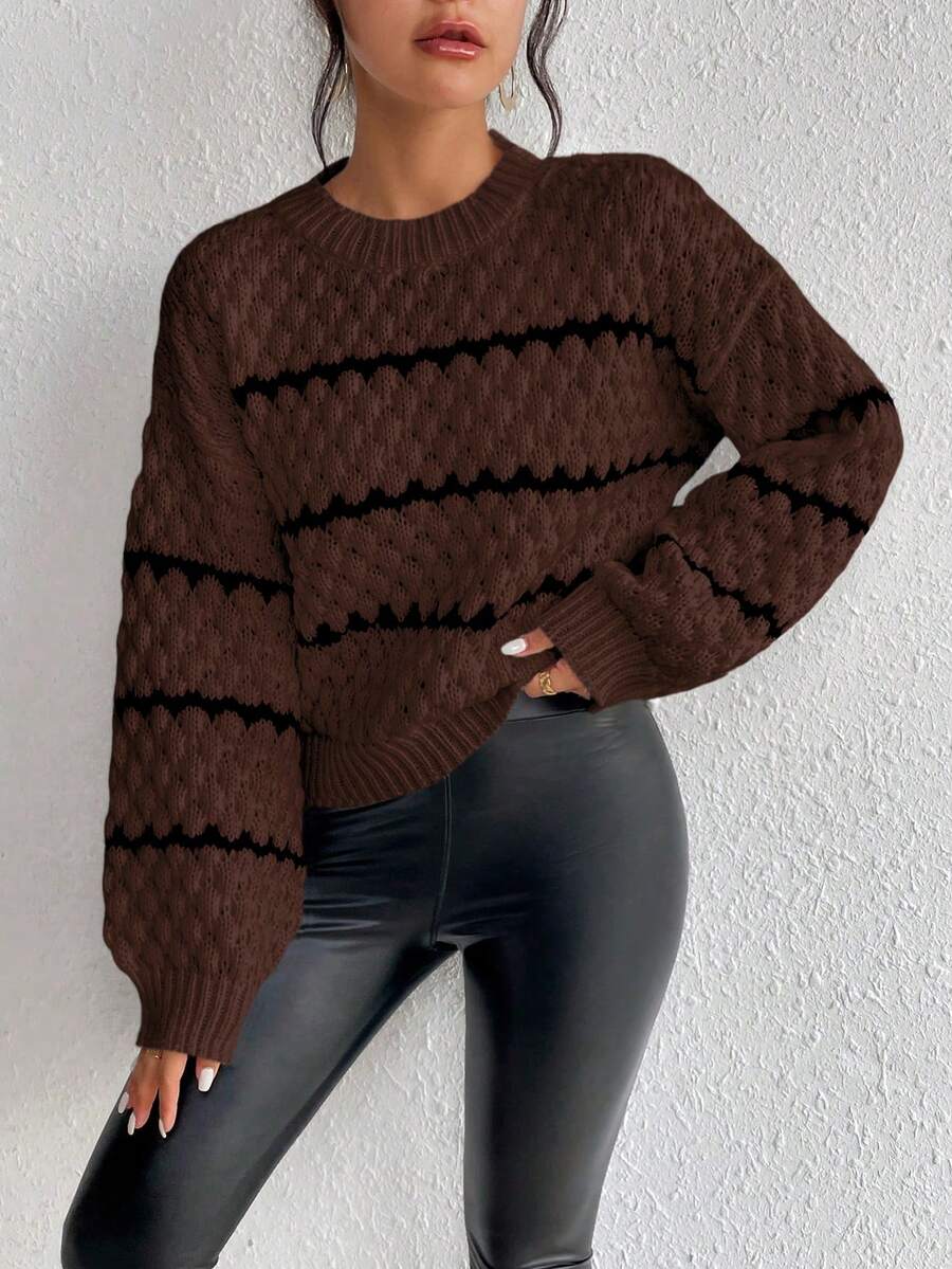 SHEIN LUNE Striped Pattern Contrast Color Crew Neck Casual Long Sleeve Pullover Sweater - Coffee Brown - View 1