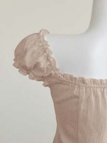 Elamini White Sexy Off Shoulder Puff Sleeve Frill Trim Fitted Blouse, Slimming, Suitable For Spring/Summer Vacation - Khaki - View 4