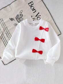 SHEIN 女童针织拼布长袖卫衣，蝴蝶结装饰，时尚设计，搭配纯色喇叭裤，复古舒适的秋季穿搭 - 紅色 - 查看 5