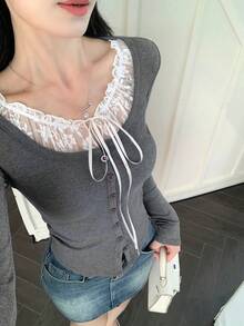 DAZY 女式蕾丝拼布撞色系腰修身休闲T恤 - 深灰色 - 查看 6