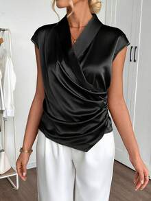 EMERY ROSE Women's Solid Color Shawl Collar Ruched Asymmetric Hem Fashion Blouse - Black - View 5