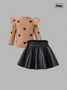Sweetra 2 pièces Ensemble top à manches longues et col rond avec manche évasée imprimé cœur et jupe noire unie pour fille bébé. Tenue décontractée de style vintage - Kaki - Voir 2