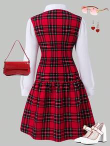 Tween Girls' 2 In 1 Plaid Dress, Long Sleeve, Collared, Bow Decor, Shirt Splicing, Fashion, Preppy Style, Autumn/Winter - Red - View 2