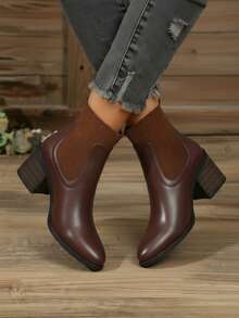 Botines para mujer cuero sintético+punta redonda+sin cordones+tacón grueso+estilo elegante clásico+oficina diario+botas Chelsea - Camel - Ver 2