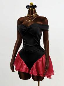 Mistrie Mono elegante de fiesta con bloques de color y hombros descubiertos para mujer - Multicolor - Ver 4