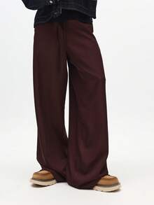 SUMWON Baggy Fit Pull On Wide Leg Casual Pants With Drawstring Waist For Comfortable Everyday Wear - Coffee Brown - View 5