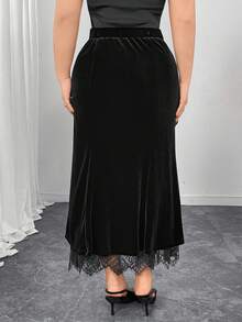 Modelyn Plus Size Women Black Velvet Contrast Lace Fishtail Skirt, Flattering/Versatile/Work/Casual - Black - View 2