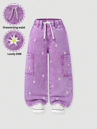 Young Girl' Adjustable Waist Elastic Waistband Floral Embroidered Pockets Loose Comfortable Straight Leg Denim Jeans Kawaii Pants Cute Pants For Kids Pants For Girls With Stars