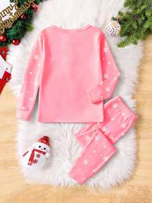1 套年轻女孩圣诞主题睡衣，夜光圣诞树和雪花 PriSnug Fit 长袖上衣和裤子，舒适睡衣套装，节日礼物 - 粉色 - 查看 2