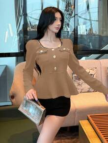 DAZY Women's Lace Patchwork Fitted Square Neck Long Sleeve Ruffle Hem Elegant Top, Autumn/Winter Babydoll Top - Brown - View 3