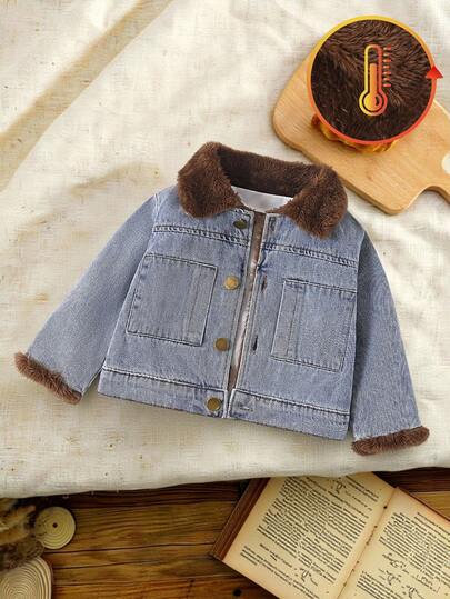 SHEIN Vintaside Kids Baby Boys Thick Fleece Jacket With Fur Collar, Warm Winter Outerwear For Infants, Suitable For Cold Season