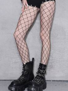 ROMWE Kawaii 1 双极简风渔网袜，性感镂空方格紧身袜，朋克风弹力全脚袜，适合约会和日常穿着 - 黑色 - 查看 1