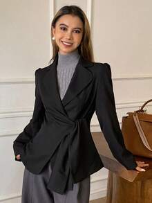 DAZY Women's Tie-Up Wrap-Around Collar Long Sleeve Casual Blazer Business Attire Western Outfits For Women - Black - View 5