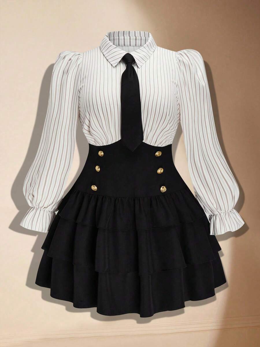 Sweetra Plus Size Women Striped Splicing 2 In 1 Bow, Multi-Layer Ruffle College Style Date Party Dress Fall Cloth For Women - Multicolor - View 1