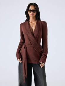 LYSMO 2025 Winter Minimalist V-Neck Elegant Long Sleeve Sweater, Autumn/Winter/Christmas/New Year/ Thanksgiving/Graduation/Elegant Brown Sweater