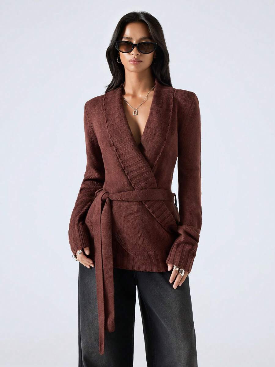 LYSMO 2025 Winter Minimalist V-Neck Elegant Long Sleeve Sweater, Autumn/Winter/Christmas/New Year/ Thanksgiving/Graduation/Elegant Brown Sweater