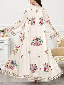 SHEIN Najma Women's Floral & Plant Print Long Sleeve Casual Arabic Abaya, Suitable For Spring And Autumn - Multicolor - View 2