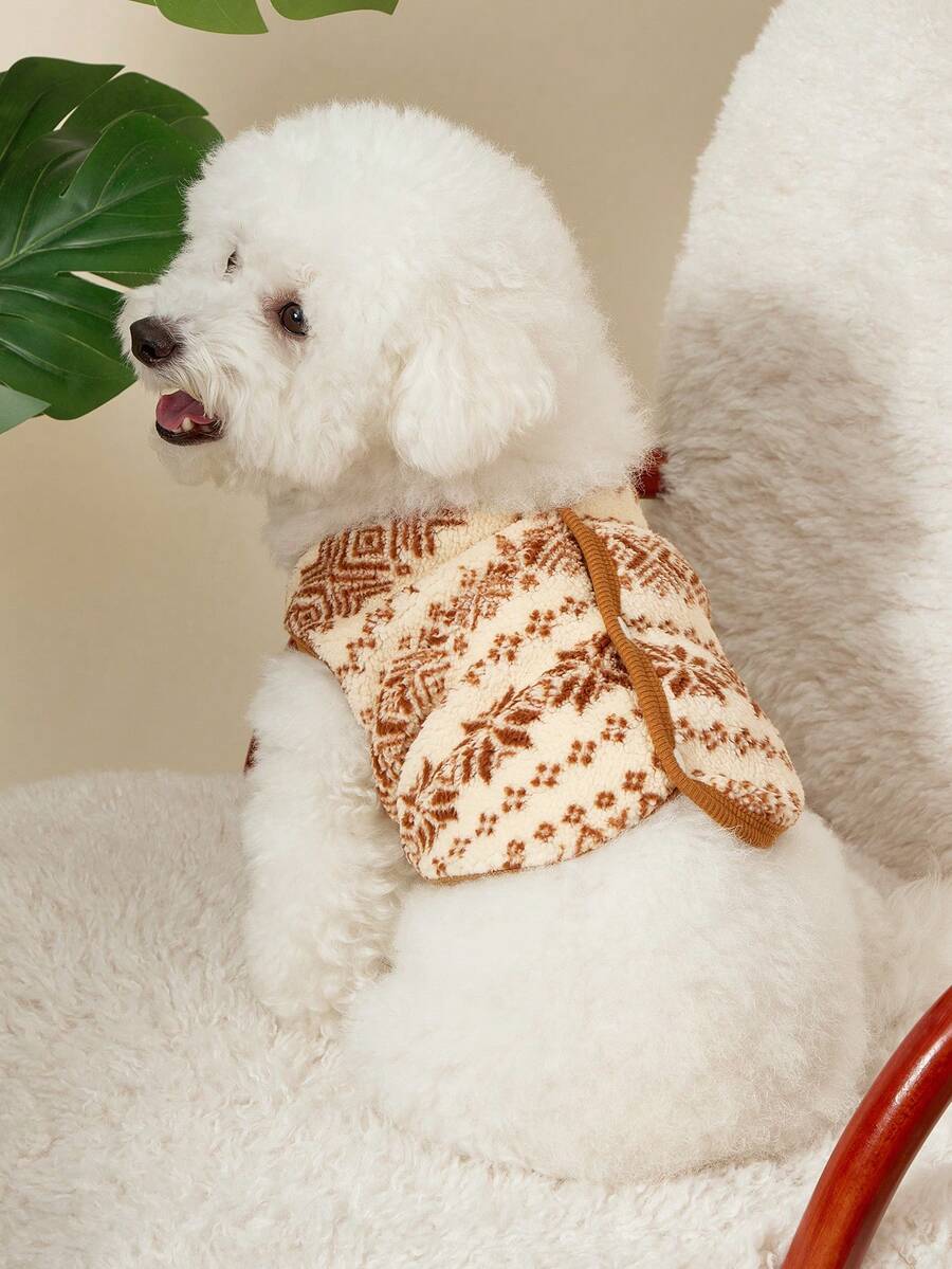 PETSIN 1件宠物猫狗通用时尚卡其色经典复古费尔岛图案印花双面弹力毛绒舒适保暖开襟纽扣狗无袖外套 - 彩色 - 查看 1