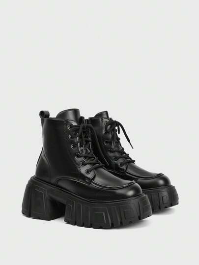 Women's Dark Punk Goth Lace-Up Platform Thick Sole Motorcycle Boots, Ankle Boots And Short Boots With Inner Height Increase
