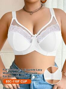 DesireSculpt Plus Size Solid Color Contrast Lace Underwire Bra - White - View 4