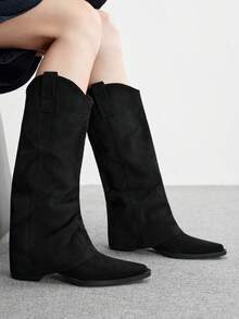 CUCCOO BIZCHIC 黑色尖头及膝靴 | 慵懒绒面革纹理 | 中粗跟 | 轻松时尚风格 | 2 双，高级皮革外观 - 黑色 - 查看 5