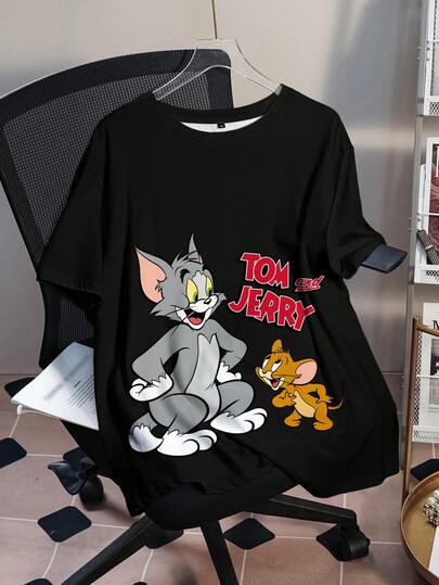 TOM & JERRY X SHEIN 大码夏季休闲字母和卡通图案圆领短袖T恤