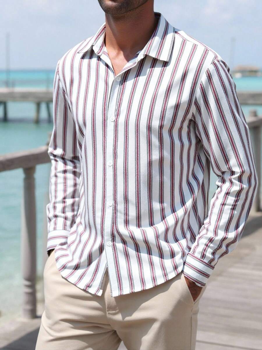 Manfinity Homme 男士亚麻长袖条纹单排扣休闲通勤衬衫 男士条纹衬衫 男士长袖衬衫 酒红色和白色衬衫 男士沙滩休闲衬衫 男士邮轮衬衫 男士条纹衬衫 男士条纹长袖衬衫 适合日常休闲、周末旅行、户外活动、探险旅行、轻松的工作环境或半正式场合，可作为男友/丈夫礼物、周年纪念/生日礼物、派对、圣诞节、新年、婚礼礼物 - 紅色 - 查看 1