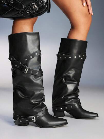 CUCCOO GRLICON Botas hasta la rodilla con correa cruzada, hebilla decorativa, punta cuadrada y tacón bloque, con cremallera lateral, adecuadas para Halloween, Navidad, fiestas y atuendos Y2K