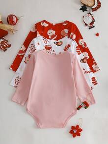 SHEIN 3pcs/Set Baby Girls' Basic Envelope Collar Cute Christmas Pattern Full Print Front Graphic Long Sleeve Bodysuits, Autumn/Winter - Multicolor - View 2