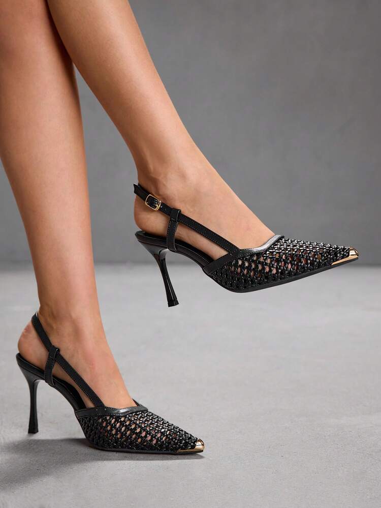 CUCCOO SZL Women's Fashion Pointed Toe Black Woven Patchwork Metal Toe Evening Party Sexy Minimalist Wedding High Heel Pumps