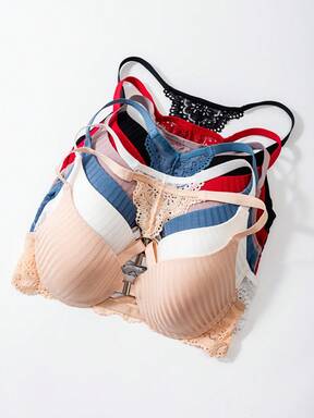 6pcs Sexy Lace Patchwork Front Closure Lace Back Bras For Women