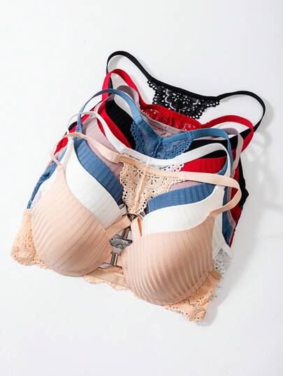 6pcs Sexy Lace Patchwork Front Closure Lace Back Bras For Women