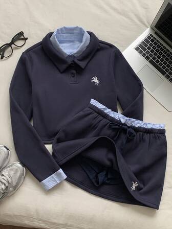 Comfortcana Långärmad 2-i-1-set med sweatshirt och shorts för kvinnor, halv dragkedja