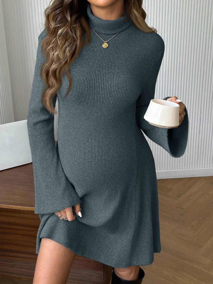 Cheriluna Maternity Umstandskleid mit Rollkragen, weiten Ärmeln und Rippstruktur, einfarbig, Lässig, Herbst - Graublau - Übersicht 1