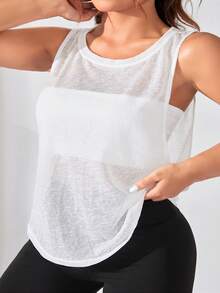 SHEIN Sports 大码女式纯色圆领宽松运动背心 - 白色 - 查看 1