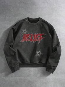 ROMWE MEN Street Life 男式字母与肖像图案圆领长袖套头衫 - 黑色 - 查看 2