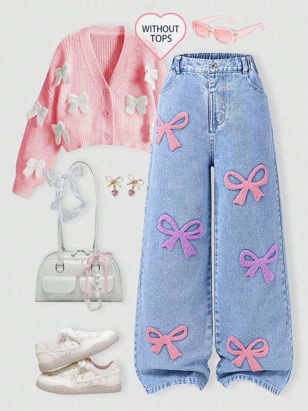 Girls' Wide Leg Jeans, Sweet & Cute Casual Vacation Style Recommended, Pink + Bowknotfly Bow 3D Felt Embroidery Lively & Playful, Light Blue Washed Denim, Elastic Waistband For Comfort And Easy Wear, Loose Fit, Suitable For Home, Casual Outings, Dates, Weekends, All-Year-Round Versatile Wide Leg Jeans