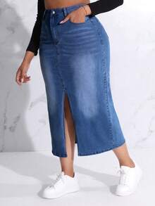 SHEIN SXY Plus Size Slit Denim Skirt - Dark Wash - View 4