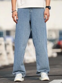 Manfinity Homme Men Slant Pocket Loose Fit Baggy Jeans, Loose Jeans Men, Light Blue Jeans Men, Men's Light Wash Jeans - Blue - View 4