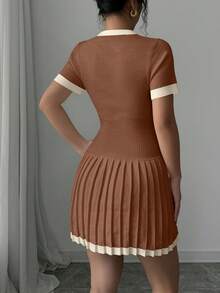 Elenzga Contrast Color V-Neck Casual Pleated Sweater Dress - Camel - View 2
