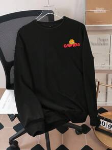 GARFIELD | SHEIN 男式字母与卡通图案圆领黑色长袖套头衫 - 黑色 - 查看 2