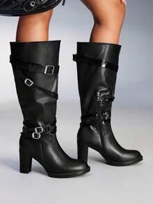 CUCCOO GRLICON Women's Buckle Decor Faux Platform Round Toe Chunky Heel Over-The-Knee Boots, Suitable For Halloween, Christmas, Party, Y2K Style - Black - View 5