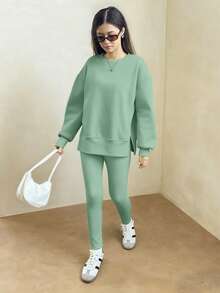 Sparklyn 1 Set Teen Girl's Fashion Personalized Casual Open Slit Loose Drop Shoulder Sweatshirt And Skinny Leggings Set, Green, Stylish Autumn/Winter Outfit - Green - View 5