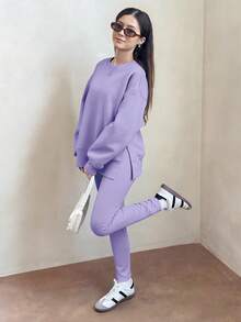 SHEIN 一套少女时尚个性休闲开衩宽松落肩卫衣和紧身打底裤套装，棕色，秋冬款 - 紫色 - 查看 3