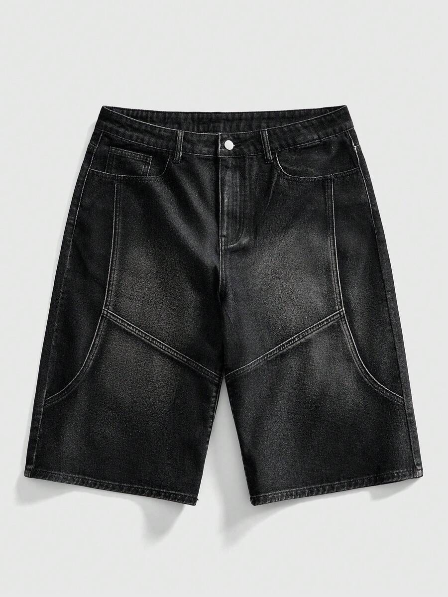 ROMWE MEN Street Life Men's Casual Washed Denim Shorts, Summer - Black - View 1
