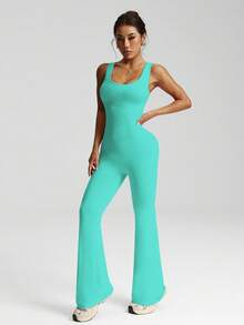 Easithlete 女式黑色无袖连体裤，前缝，高腰 U 领 U 形后背，适合休闲、健身、瑜伽、跑步、春夏季 - 薄荷藍 - 查看 3